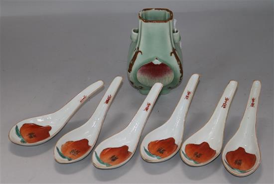 A small celadon arrow vase and six peach rice spoons vase height 13cm